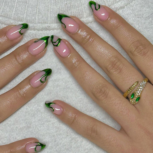 Poison Ivy Short Almond Green Marble Press On Nails