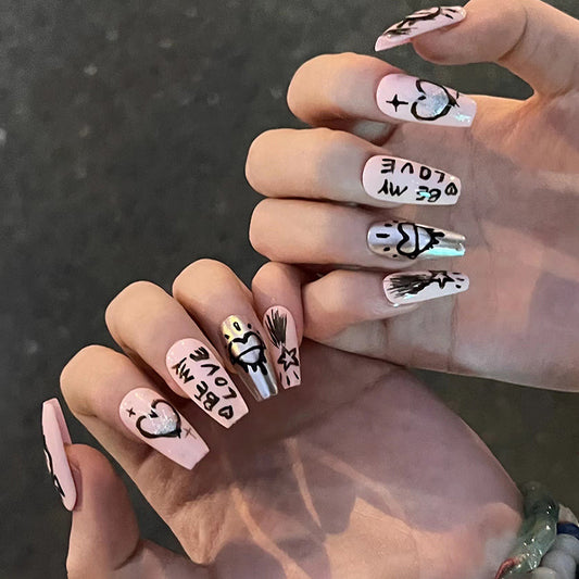 Be My Love Graffiti Medium Coffin Pink Cartoon Press On Nails