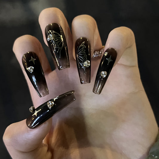 Reflect Long Coffin Black Butterfly Press On Nails