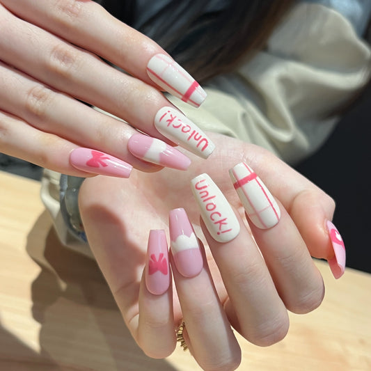 Unlocked Long Coffin Pink Cute Press On Nails