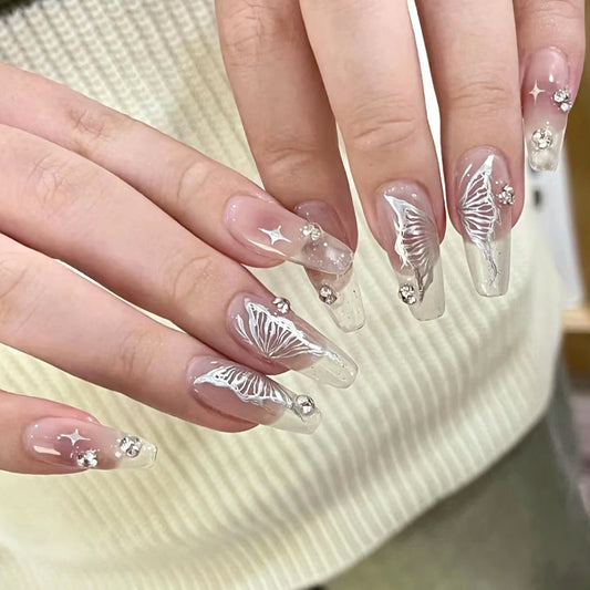 Bonded Sisters Long Coffin Silver Butterflies Press On Nails