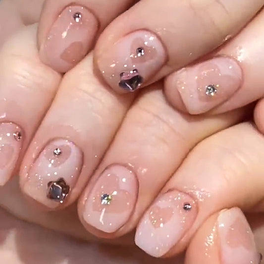 Cute Hearts And Diamonds Short Square Pink Jelly Press On Nails