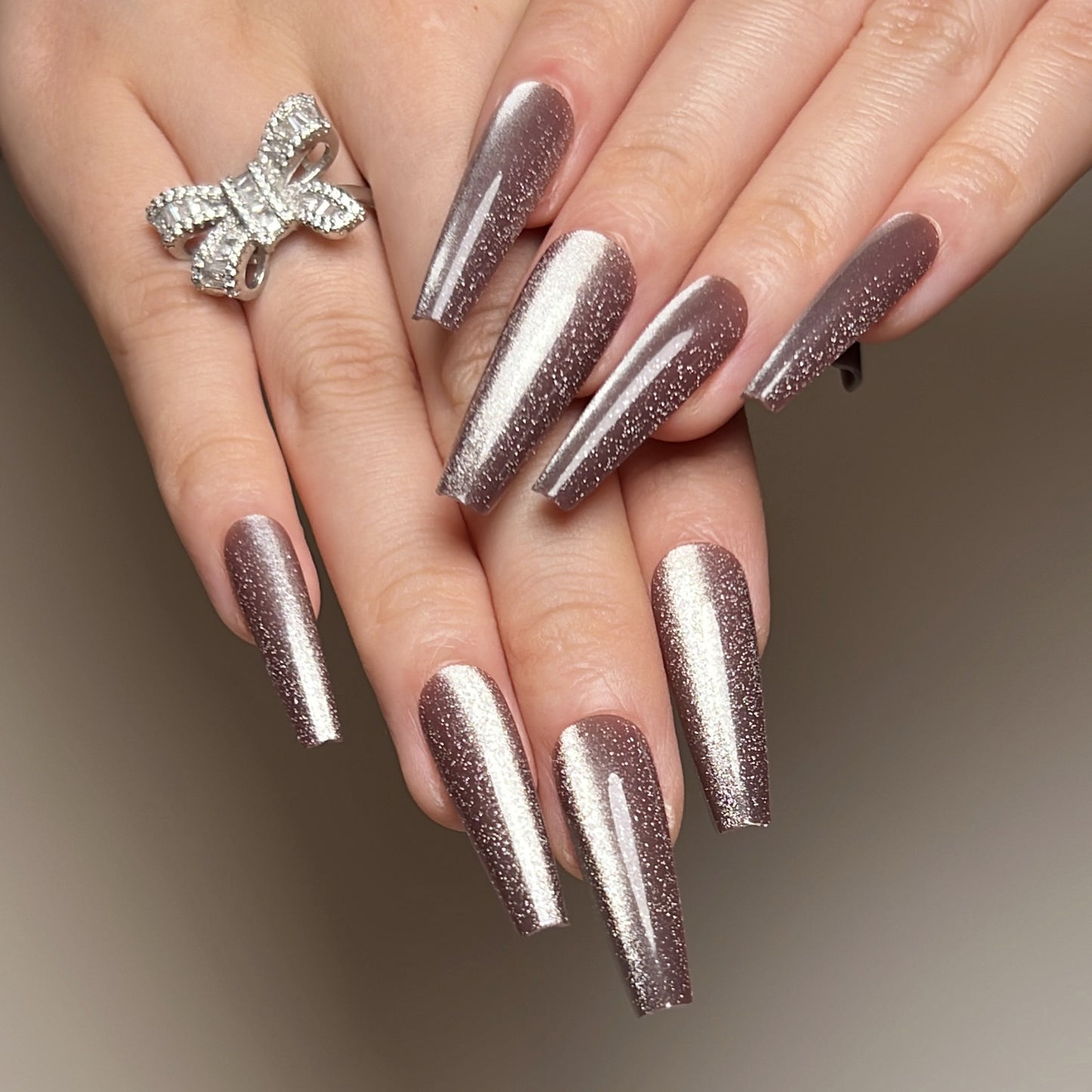Path To Space Long Coffin Brown Glossy Press On Nails