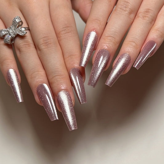 Path To Space 2 Long Coffin Pink Glossy Press On Nails