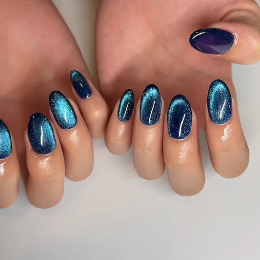 Cat Eye Short Round Blue Glossy Press On Nails