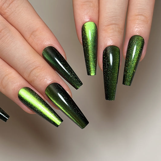 Path To Space Long Coffin Green Glossy Press On Nails