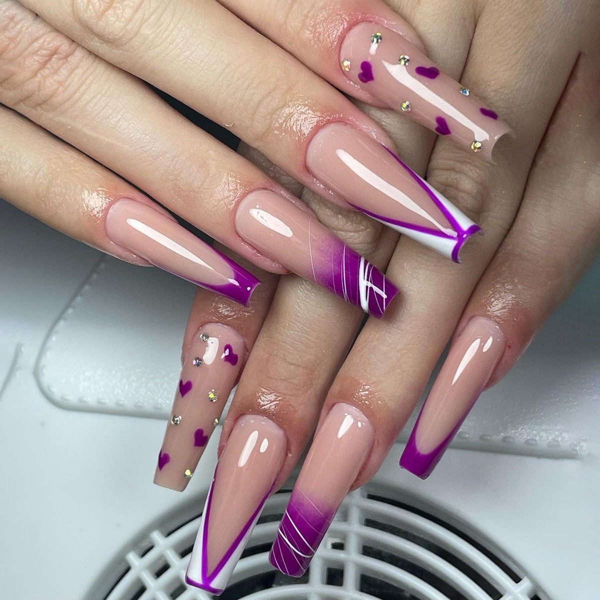 In Front Long Coffin Purple Glam Press On Nails