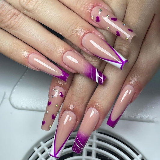 In Front Long Coffin Purple Glam Press On Nails