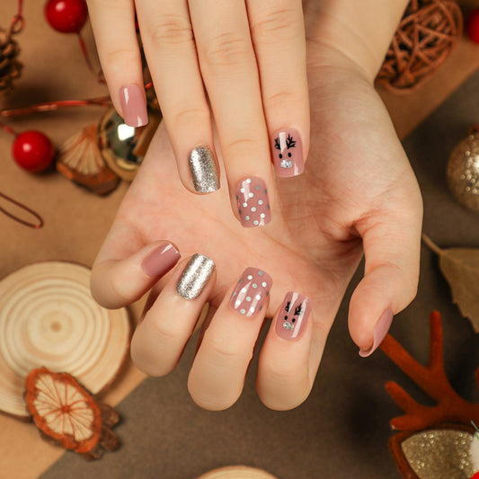 Silver Nosed Reindeer Short Squoval Pink Holiday Press On Nails