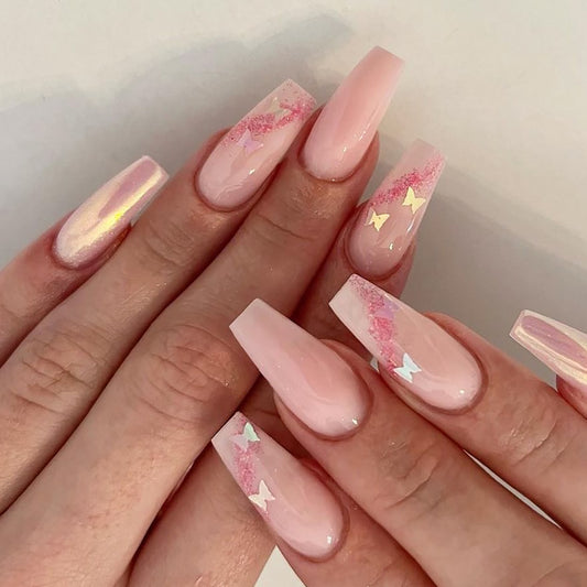 Powdered Sugar Long Coffin Pink Cute Press On Nails