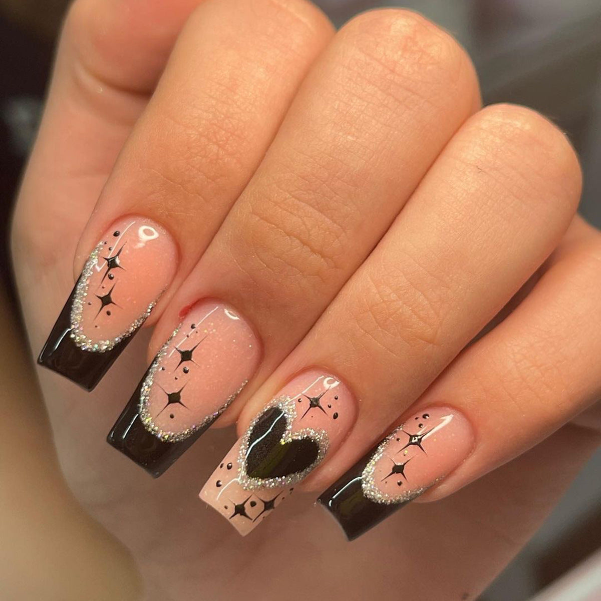 Heart Thump Long Square Black French Tips Press On Nails