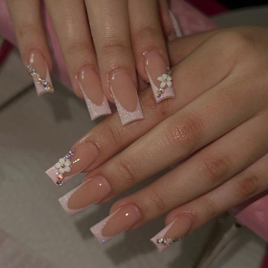 Young Lass Long Square Pink French Tips Press On Nails