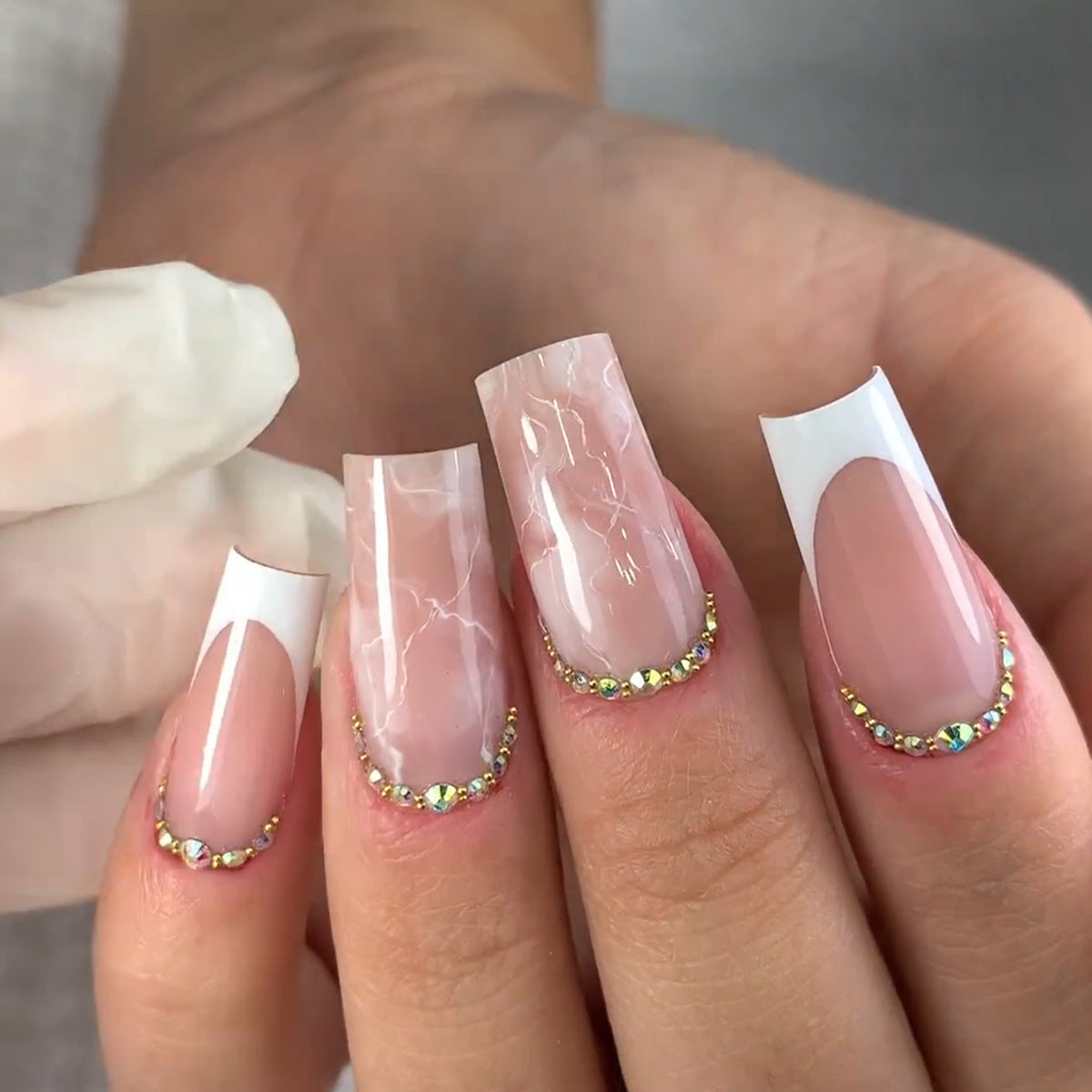 The Hall Long Square Pink Marble Press On Nails