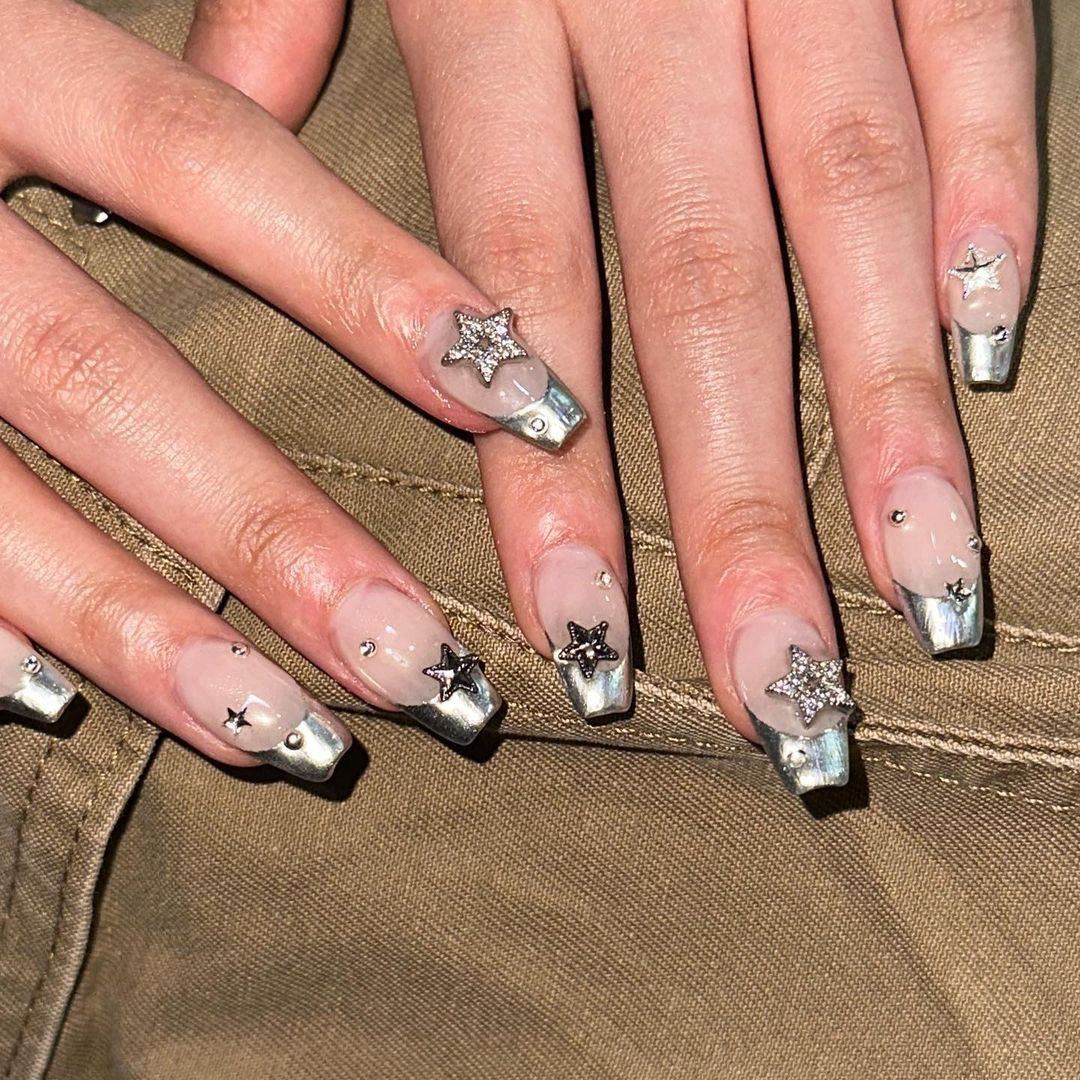 Star Studded Medium Coffin Silver Bold Press On Nails
