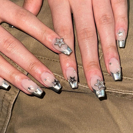 Star Studded Medium Coffin Silver Bold Press On Nails
