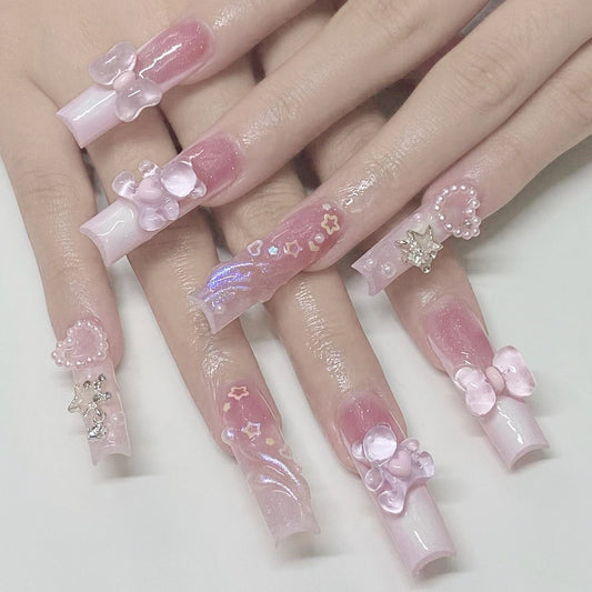 Career In Cute Long Square Pink Bold Press On Nails