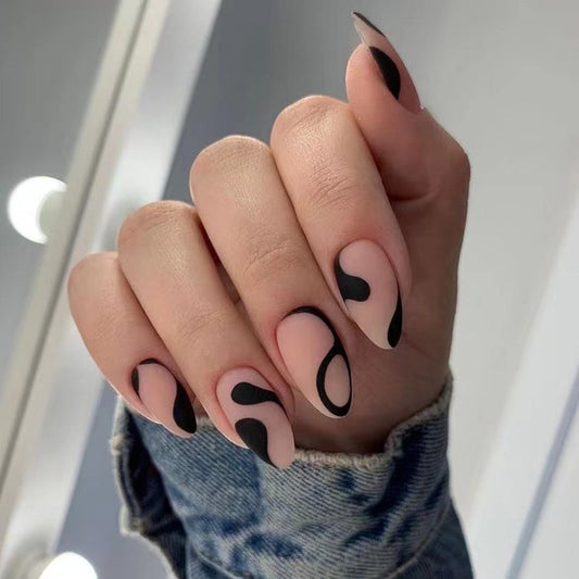 Black Lava Medium Almond Black Groovy Press On Nails