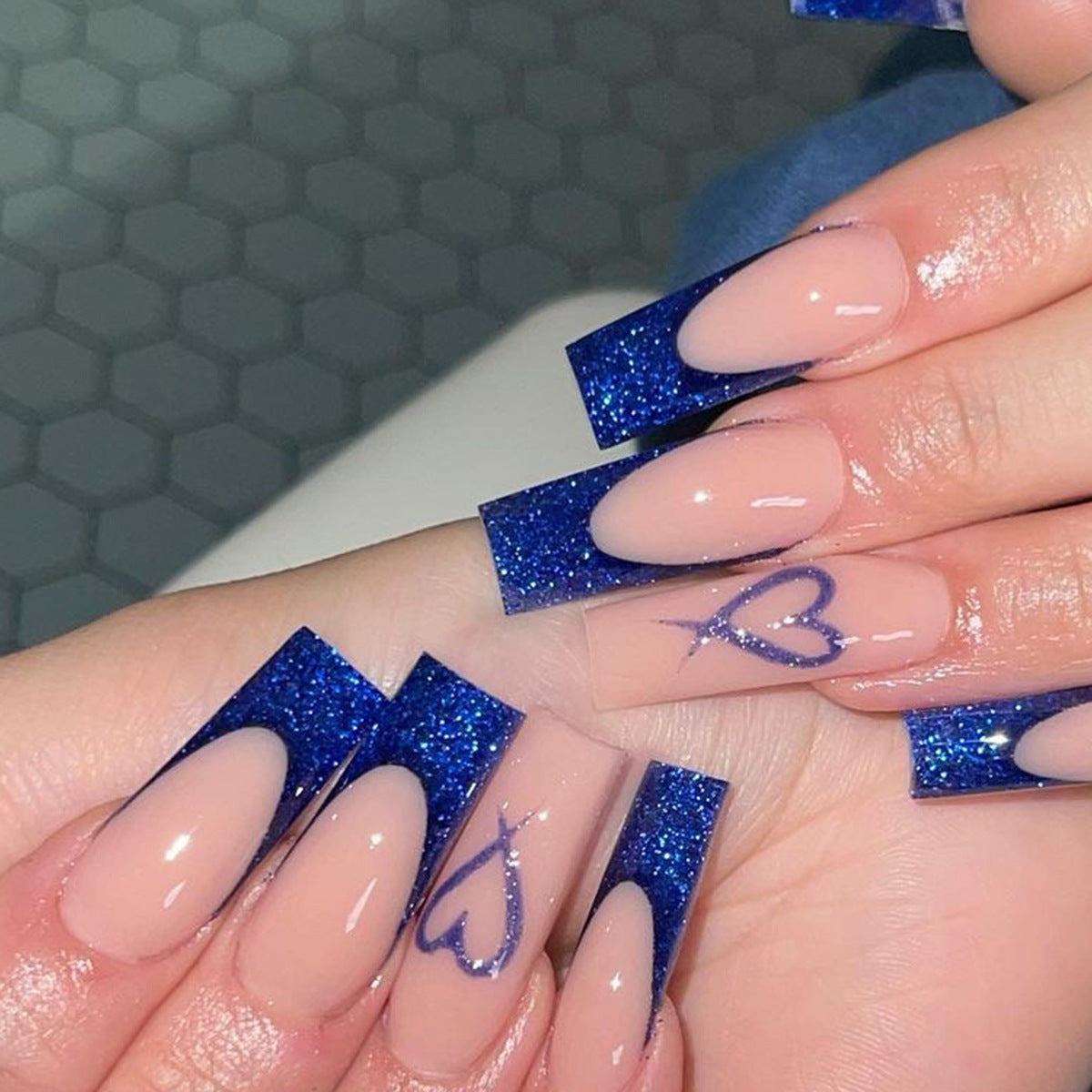 Beach Party Long Coffin Blue Glitter Press On Nails