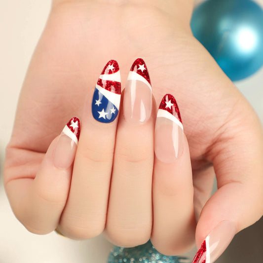 Lifted Up Medium Almond Red 4th Of July Press On Nails