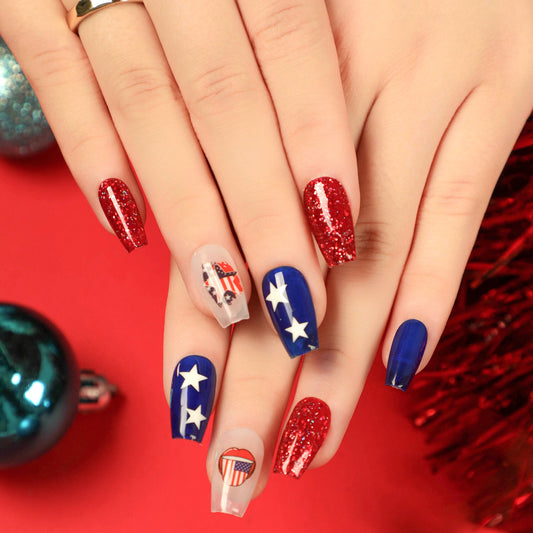 Star Spangled Medium Coffin Blue 4th Of July Press On Nails