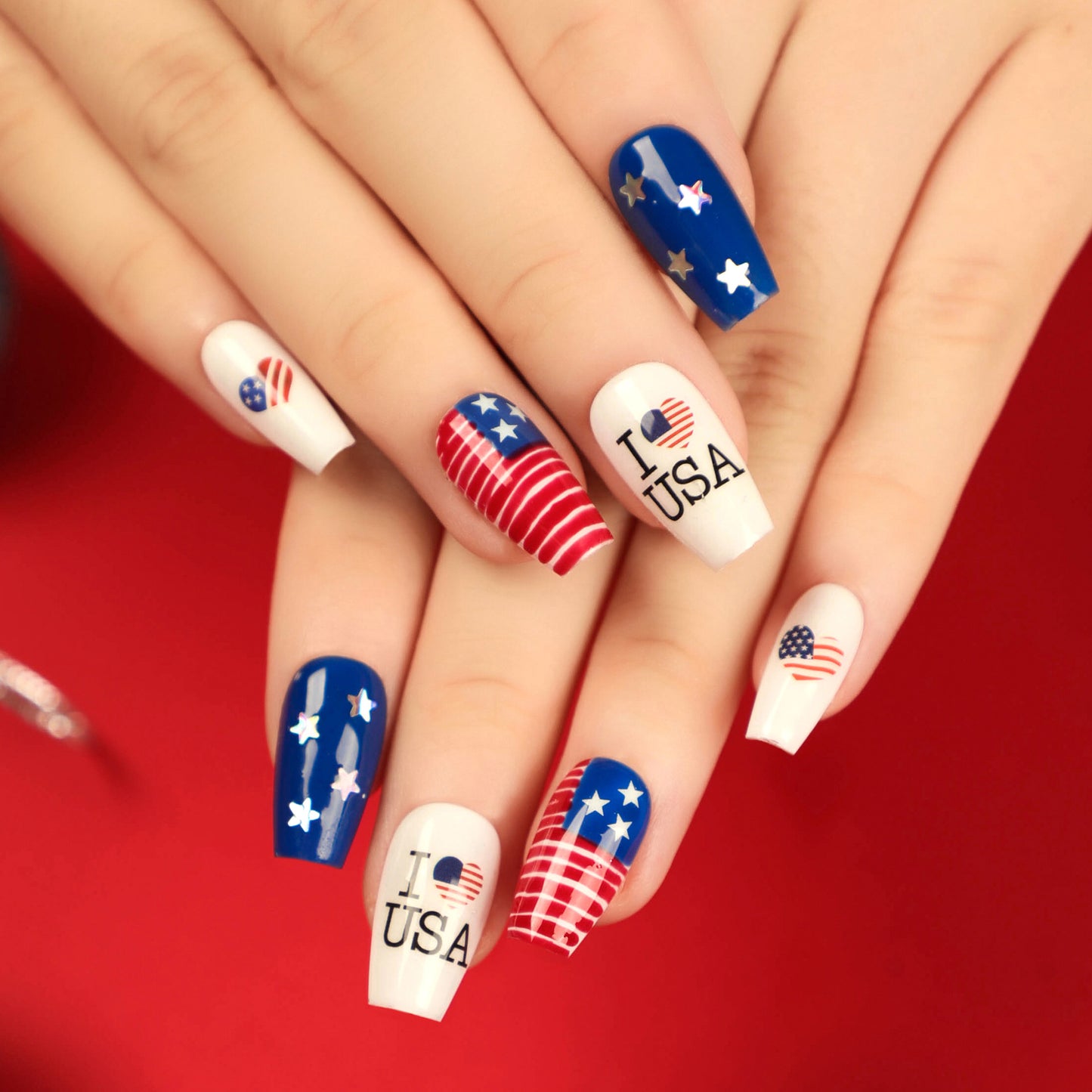 I Love USA Medium Coffin White 4th Of July Press On Nails