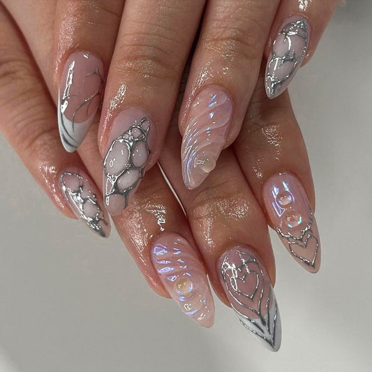 Dragon Egg Long Almond Silver Y2K Press On Nails