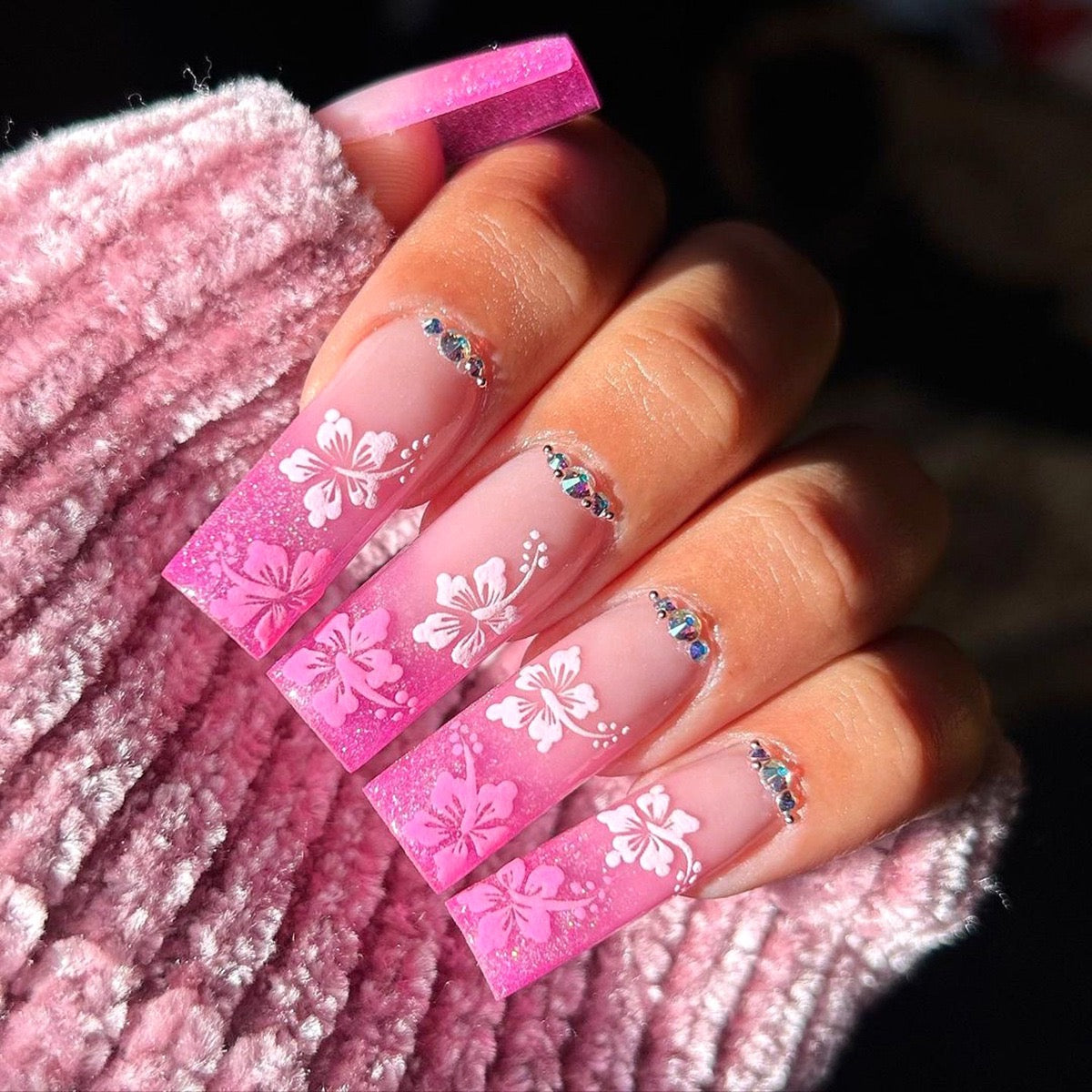 Island Ball Long Square Pink Glam Press On Nails