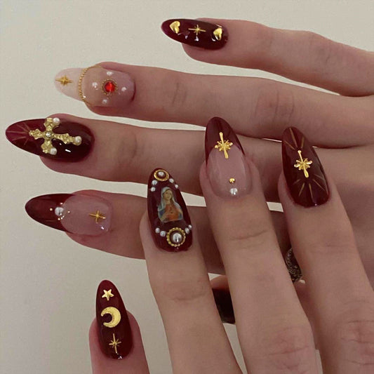 Celestial Charm Medium Almond Burgundy and Beige Press On Nail Set with Gold Embellishments