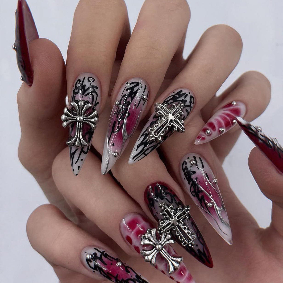 Gothic Glamour Extra Long Stiletto Black and Burgundy Press On Nails with Silver Cross Embellishments