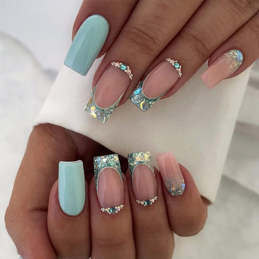 Keep You Wondering Medium Square Blue Studded Press On Nails