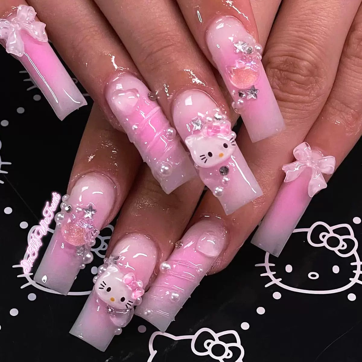 Sweet Kitten Dreams Long Square Pink Jelly Press On Nails