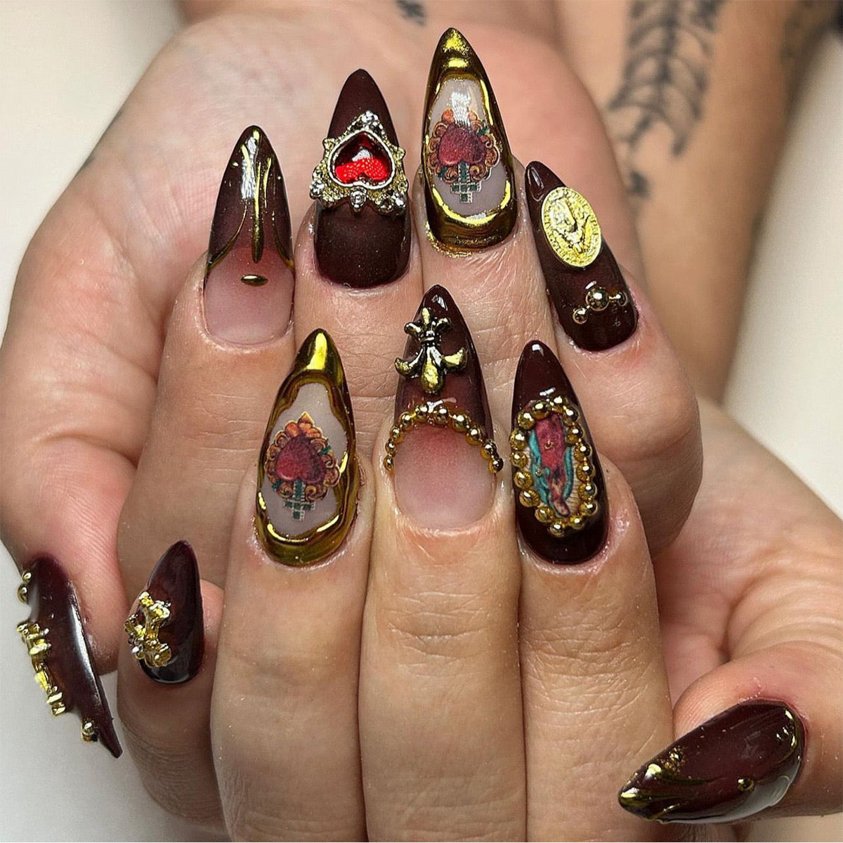 Baroque Elegance Extra Long Almond Deep Burgundy Press-On Nails with Ornate Gold Filigree and Gemstone Embellishments