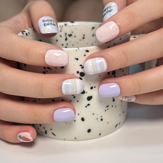 Festive Short Square Lilac Press-On Nail Set with Easter Egg and Bunny Detailing
