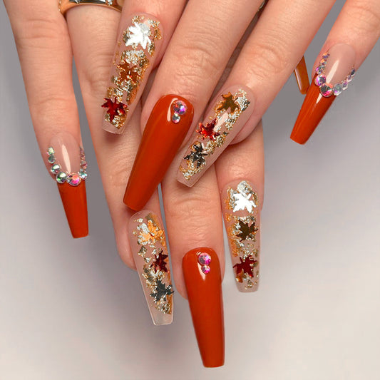 Changing Seasons Long Coffin Orange Fall Press On Nails