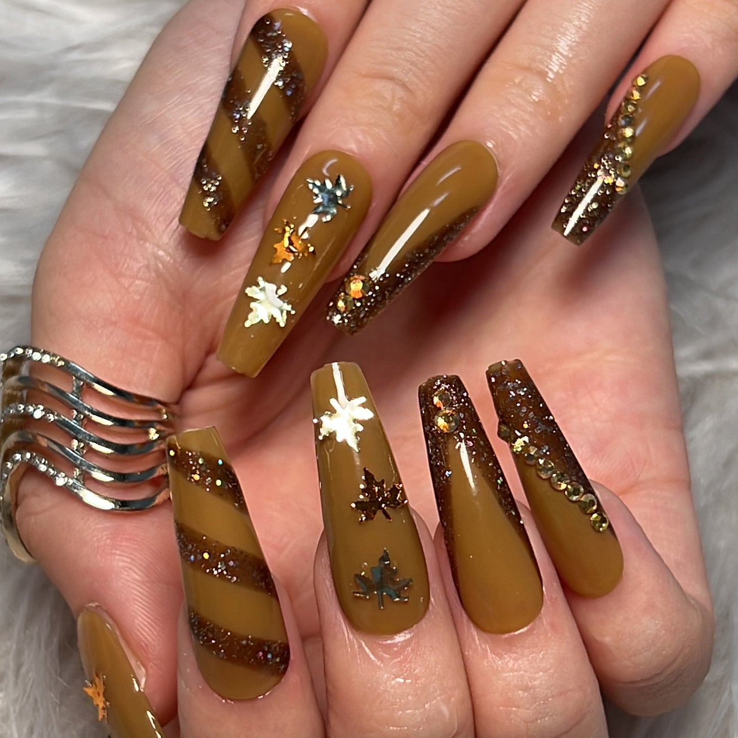 Caramel Leaves Long Coffin Brown Fall Press On Nails
