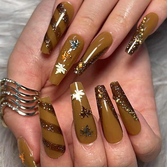 Caramel Leaves Long Coffin Brown Fall Press On Nails