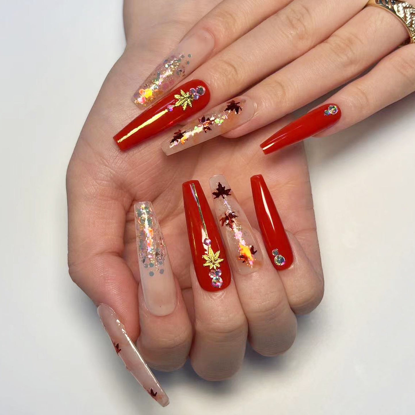 Autumn Blaze Long Coffin Red Press-On Nail Set with Holographic Glitter and Maple Leaf Accents