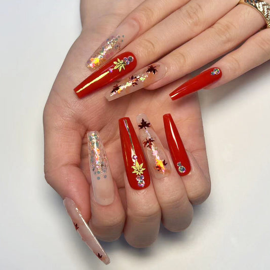 Autumn Blaze Long Coffin Red Press-On Nail Set with Holographic Glitter and Maple Leaf Accents