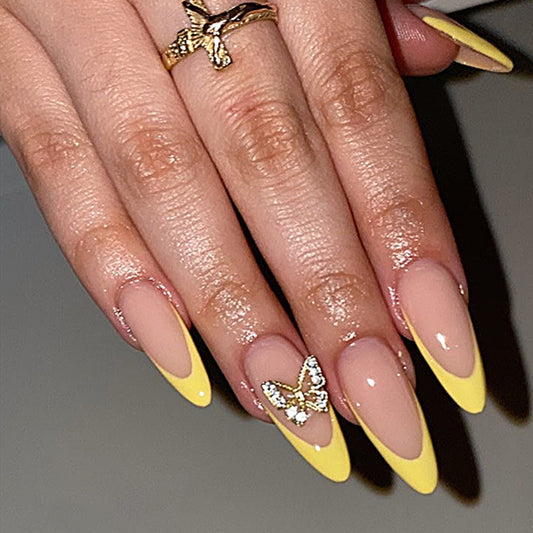 Lemon Tart Long Almond Yellow Butterfly Press On Nails