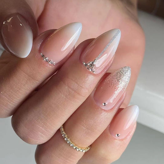 Main Course Medium Almond Silver Studded Press On Nails