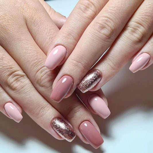 Elegant Chic Short Square Pink Press On Nail Set with Glitter Accent Nails