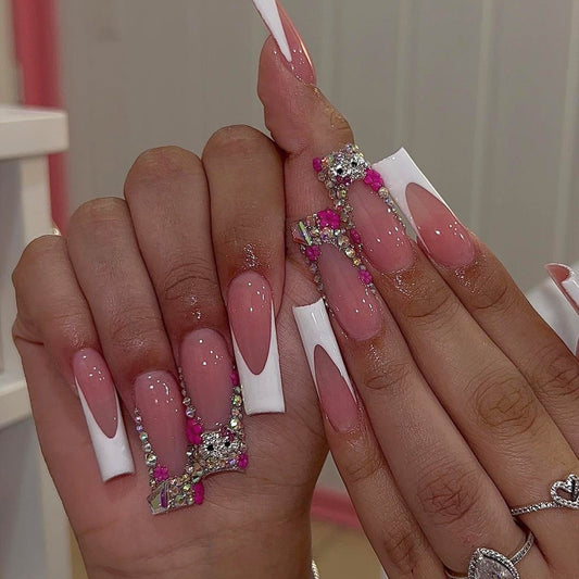 Jelly Kitty Kat Long Coffin Pink Studded Press On Nails