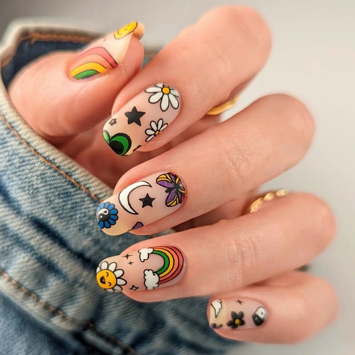 Life Is Rainbows And Butterflies Medium Squoval Multicolor Cute Press On Nails
