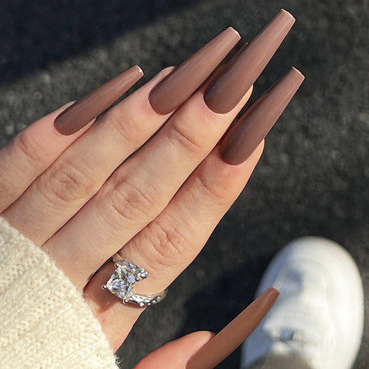 Modern Sophistication Extra-Long Coffin Matte Brown Press-On Nails