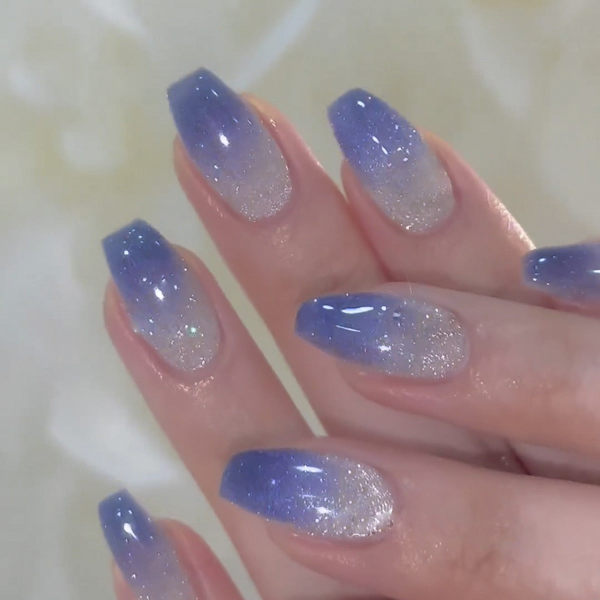 Starry Night Medium Coffin Gradient Blue Press-On Nails with Glitter Overlay