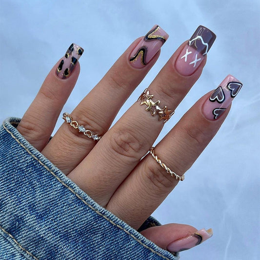 Urban Edge Medium Square Mauve Press On Nails with Abstract Line Art and Gold Accents
