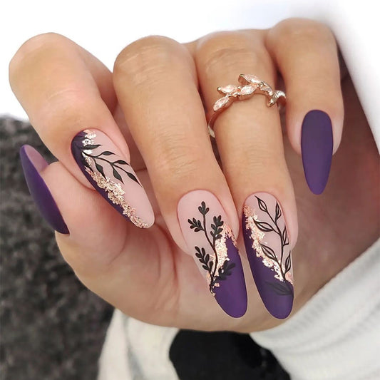 Botanical Bliss Long Almond Purple and Beige Press On Nails with Rose Gold Foil Leaf Patterns