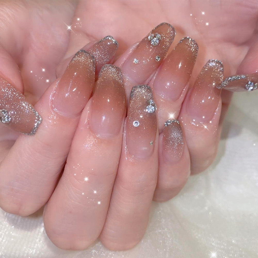Glamorous Long Coffin Beige Press-On Nails with Sparkling Glitter and Rhinestone Embellishments