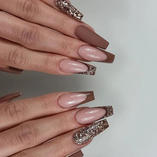 Glamorous Gala Long Coffin Beige Press-On Nails with Sparkling Glitter Tips