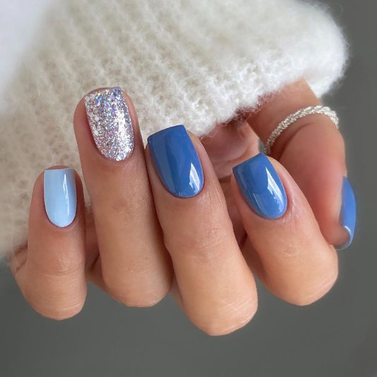 By Juliette Medium Square Blue Glitter Press On Nails